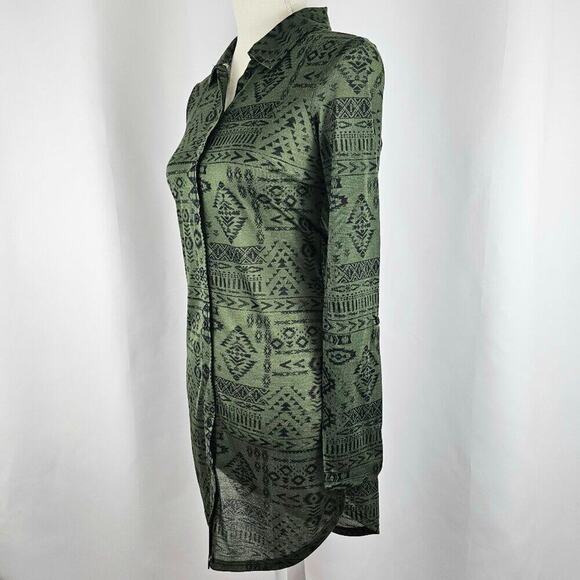 Women's Green Aztec Print Long Sleeve Button Front Shirt Dress Size Small - Picture 4 of 13